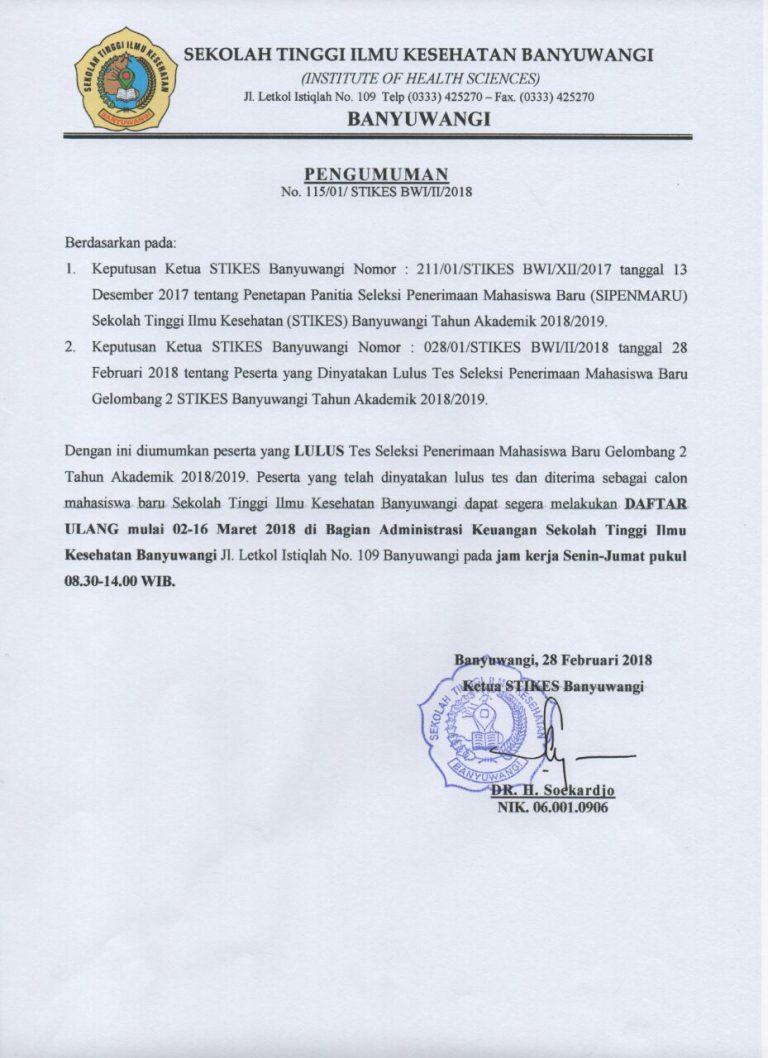 PENGUMUMAN KELULUSAN TES SELEKSI PENERIMAAN MAHASISWA BARU GELOMBANG 2 ...